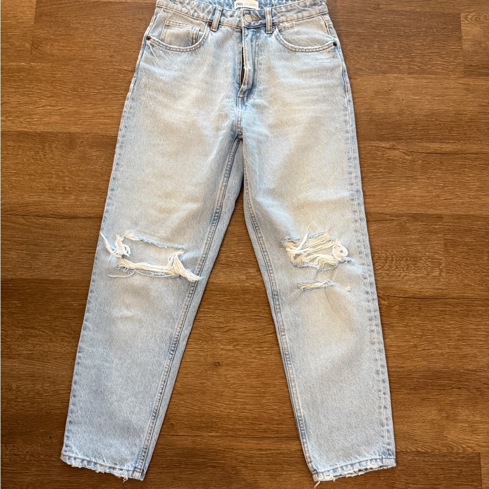 Zara Light Blue Ripped Boyfriend Jeans